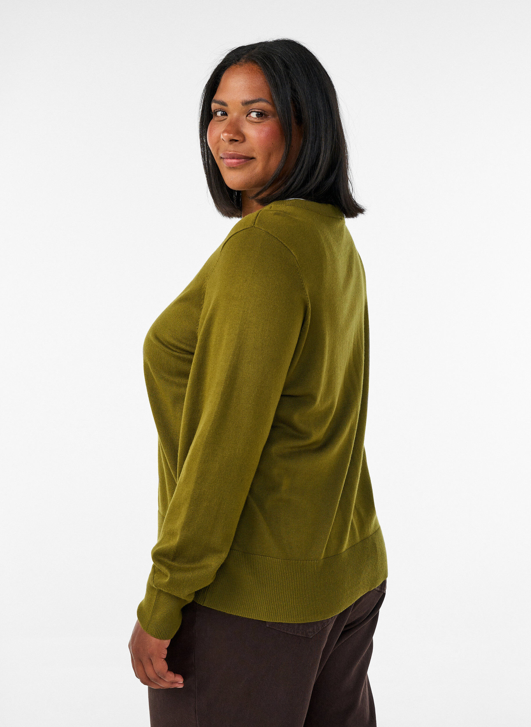 ZizzifashionKnitted cardigan with round neck and buttons, Green, Model image number 2