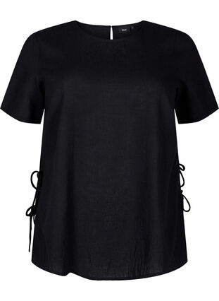 Short-sleeved blouse in a cotton blend with linen and lace detail, Black, Packshot image number 0