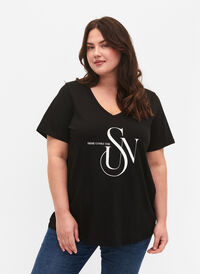Cotton t-shirt with print, Black SUN, Model
