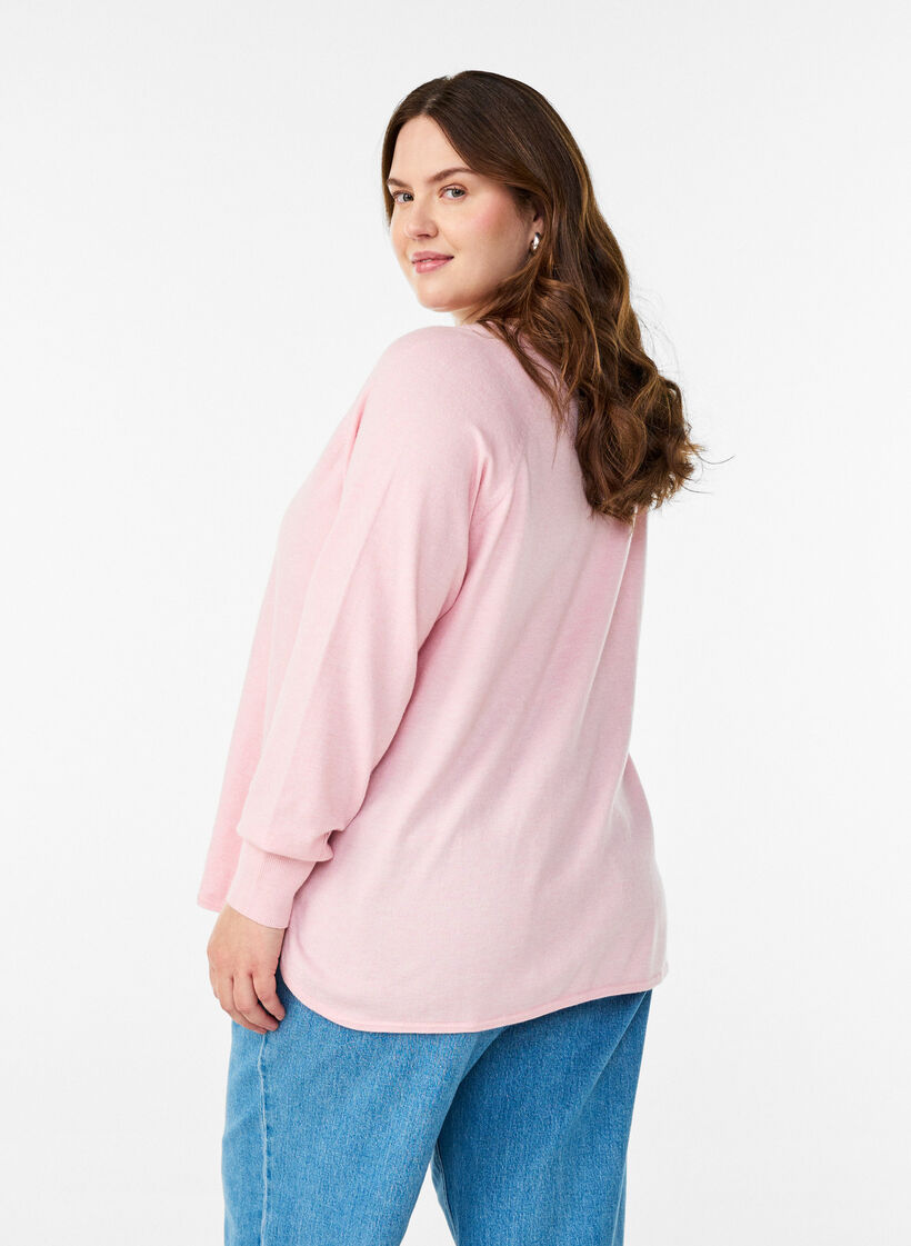 Fine-knit blouse with v-neck and front detail, Pink, Model image number 2