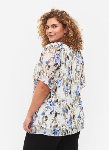 Floral party blouse with short sleeves, Blue Flower AOP, Model image number 1