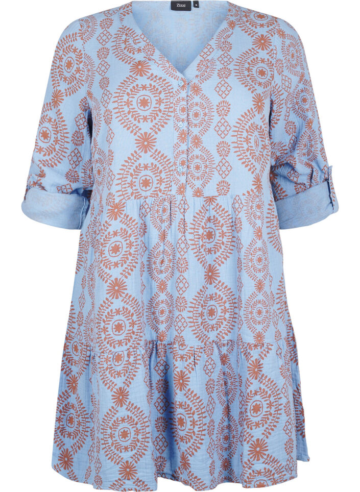 Short dress in patterned cotton muslin, Light Blue, Packshot image number 0