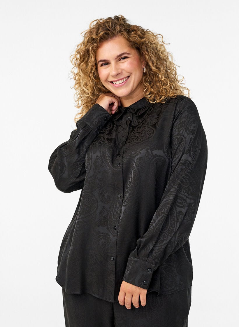 Shirt with tone-on-tone paisley pattern, Black, Model image number 0