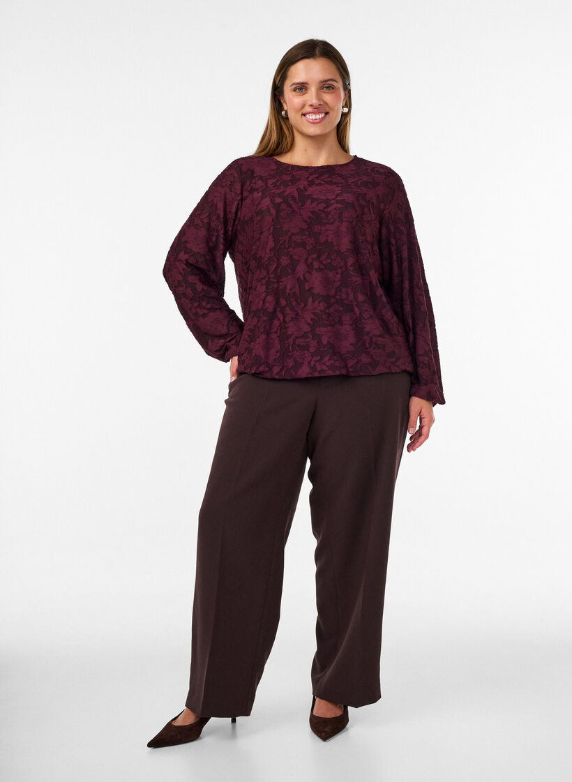 Sheer blouse with floral texture and long sleeves, Red, Model image number 1
