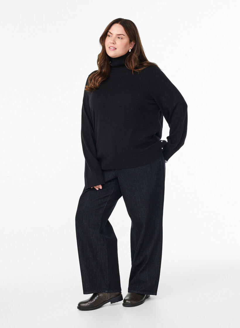 Knitted blouse with turtleneck and side buttons, Black, Model image number 1