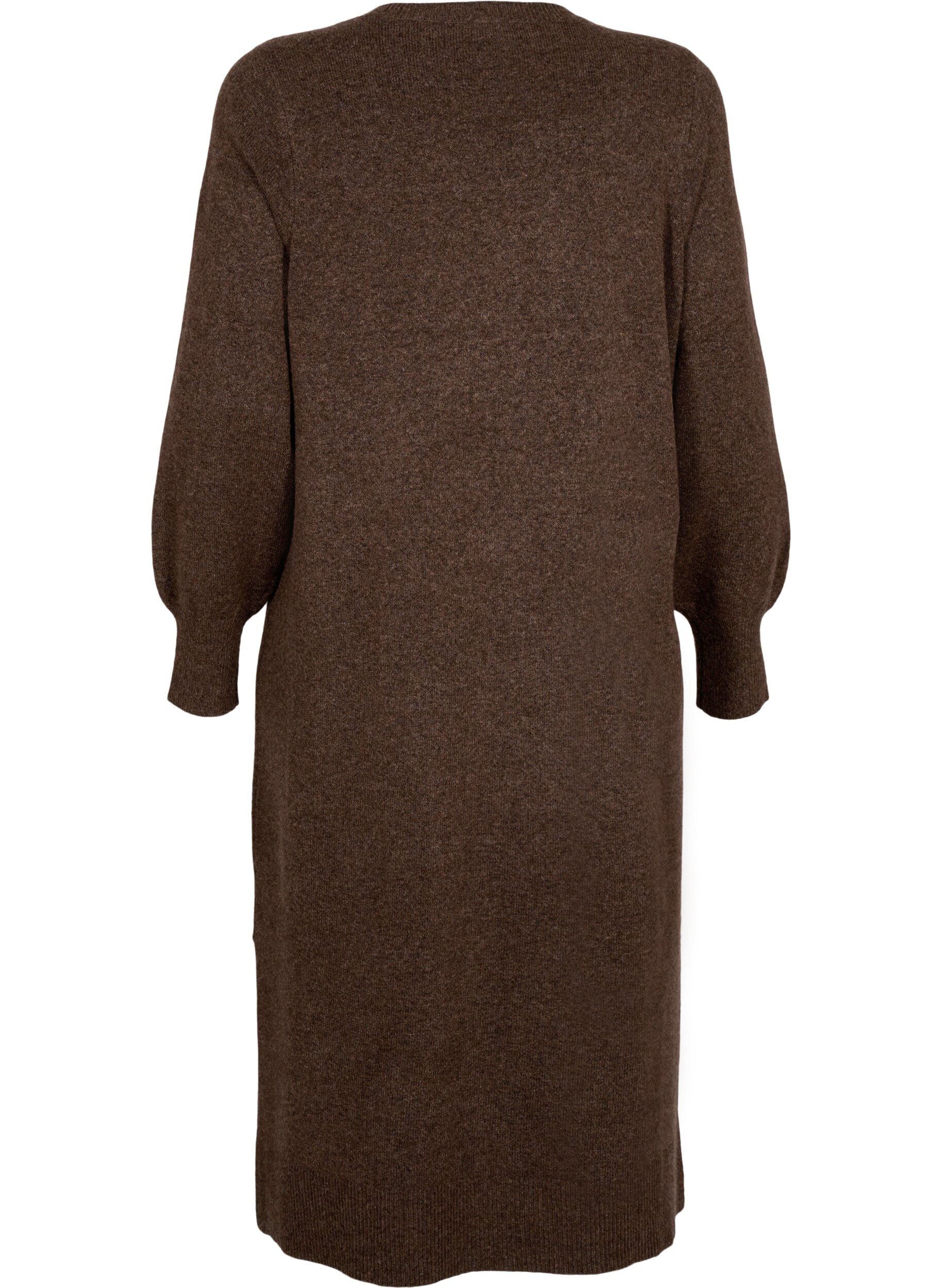 ZizzifashionLong-sleeved knitted dress with V-neck, Brown, Packshot image number 1