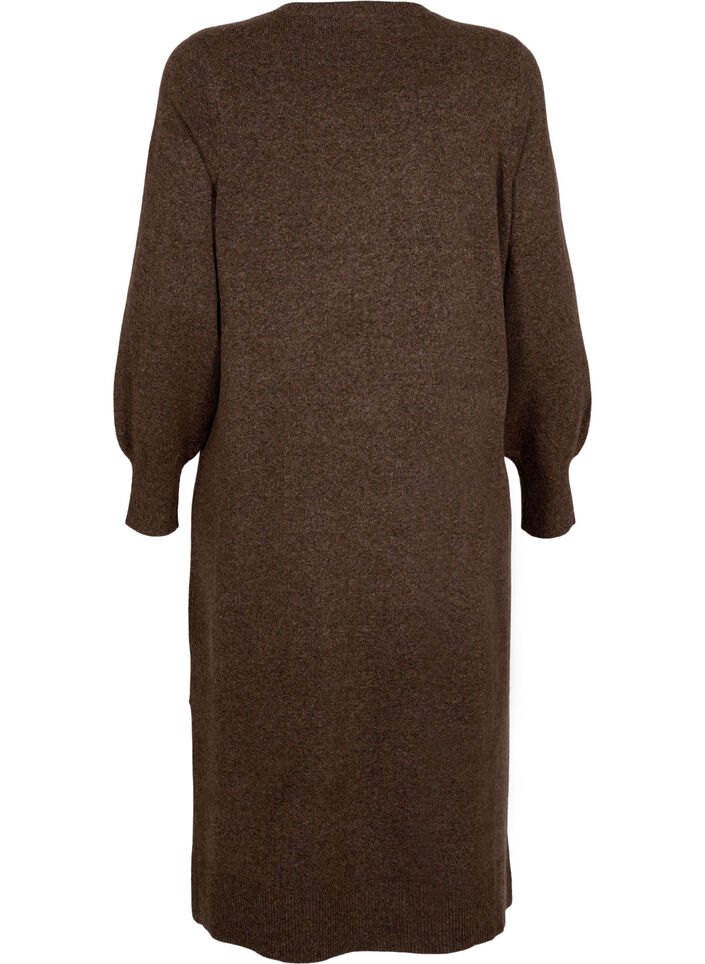 Long-sleeved knitted dress with V-neck, Brown, Packshot image number 1
