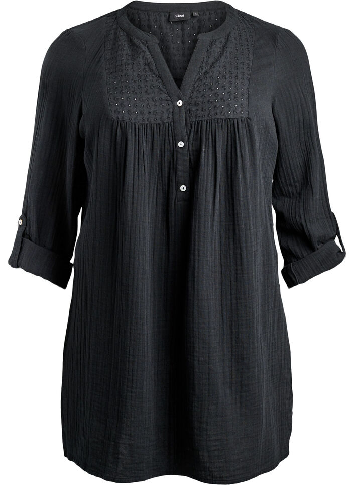 Cotton muslin tunic with broderie anglaise, Black, Packshot image number 0
