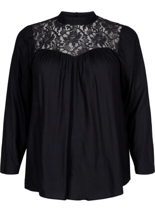 Long-sleeved viscose top with lace, Black, Packshot image number 0