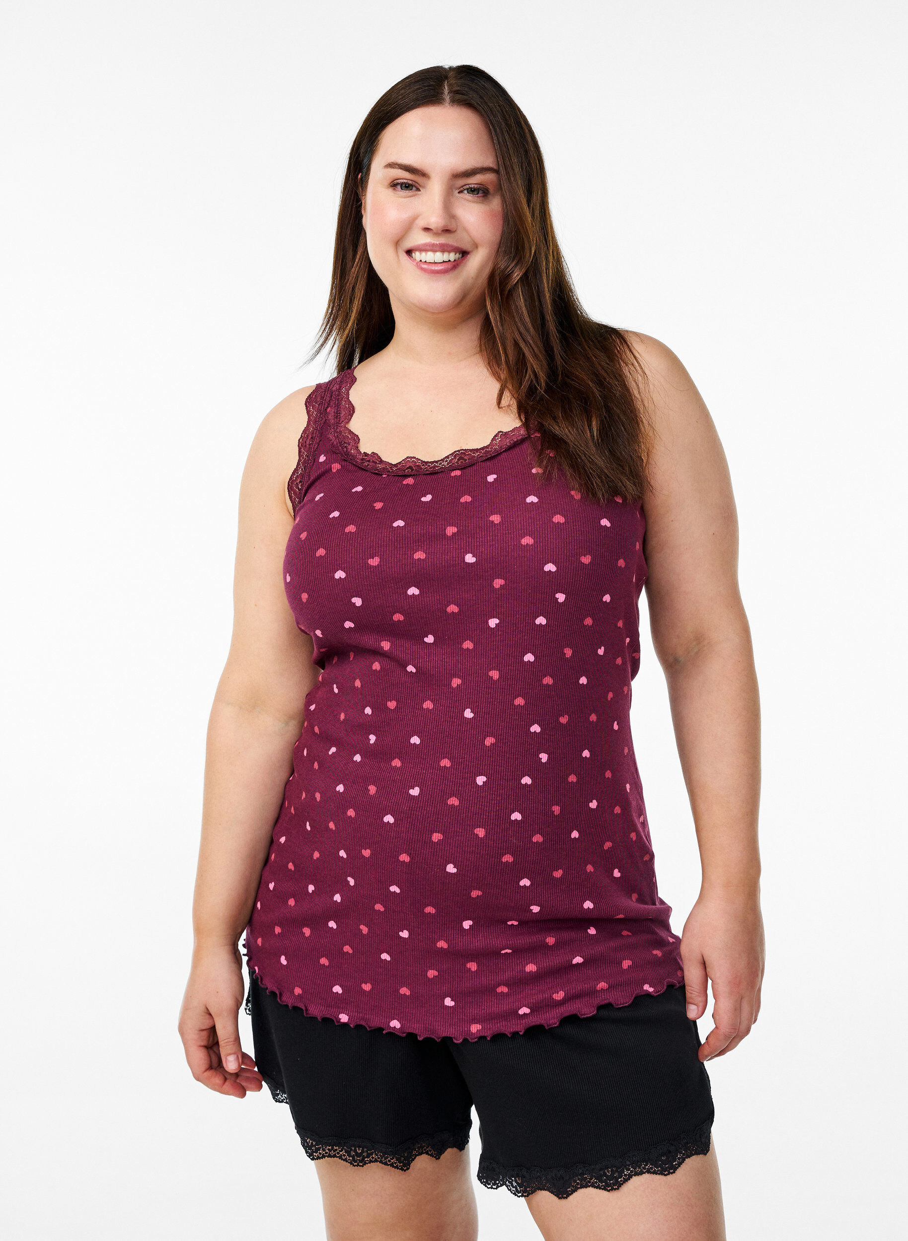 Top with print and lace edge, Dark Bordeaux, Model