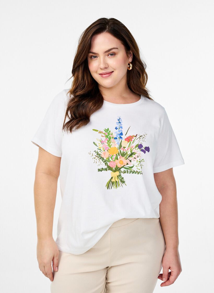 T-shirt in organic cotton with floral print, B. White w. Flower, Model image number 0