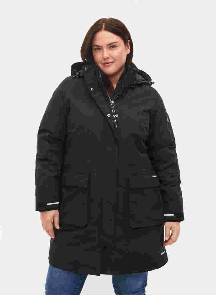 Winter jacket with removable hood and pockets, Black, Model image number 0