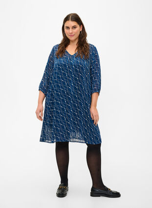 Printed dress with v-neck and 3/4 sleeves, Dress Bl. Swirl AOP, Model image number 2