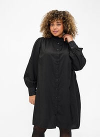 Viscose shirt dress with ruffles, Black, Model