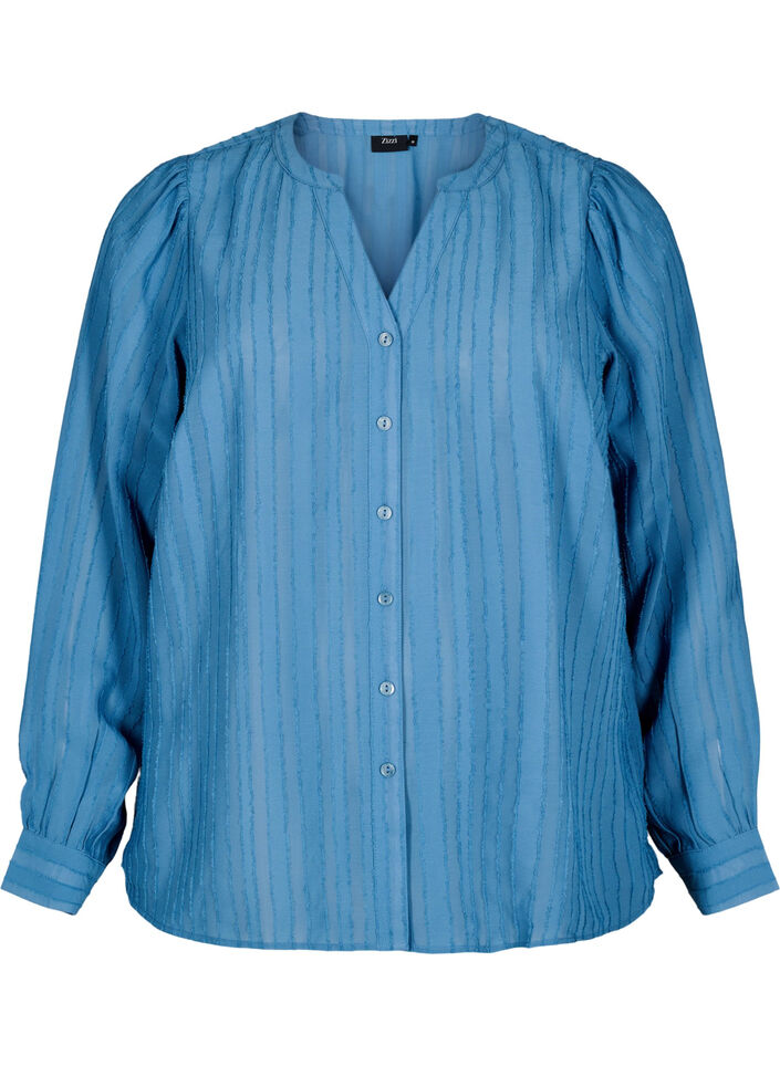 Striped shirt blouse with sheer stripes, Blue, Packshot image number 0