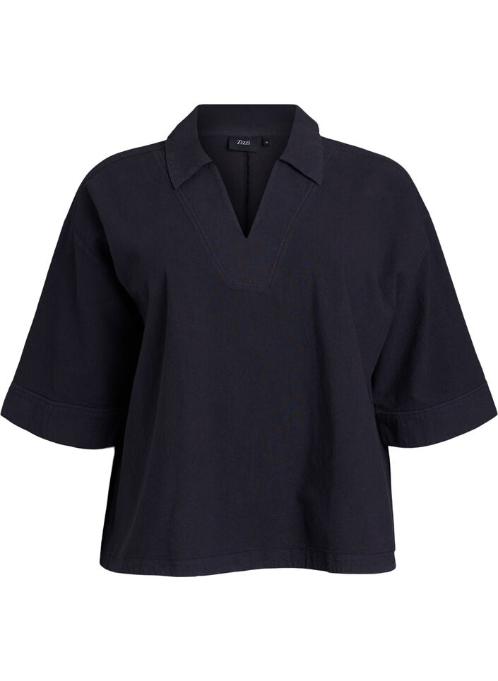 Loose blouse with collar and 1/2 sleeves, Black, Packshot image number 0