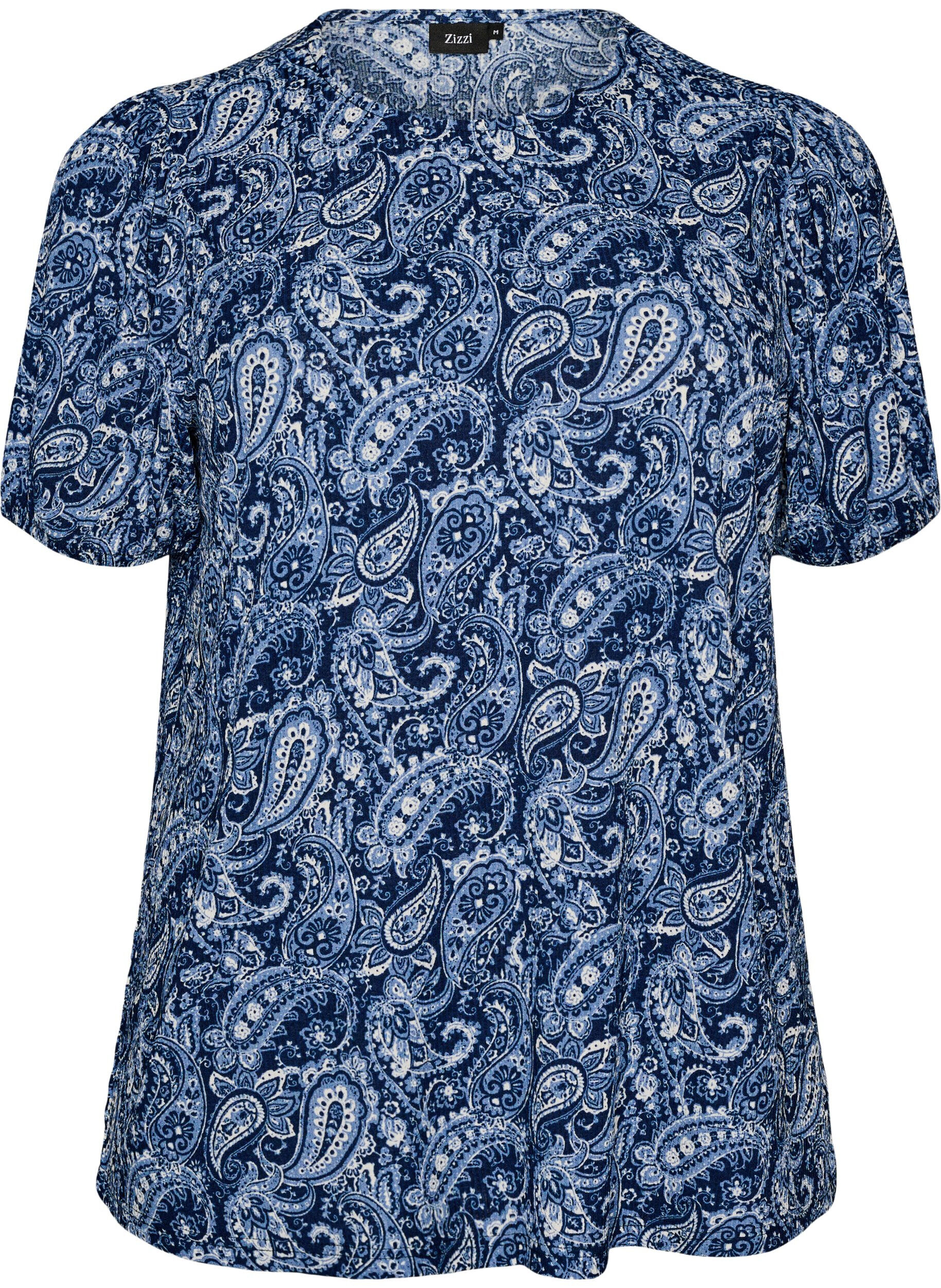 ZizzifashionPatterned blouse with short sleeves, Blue, Packshot image number 0