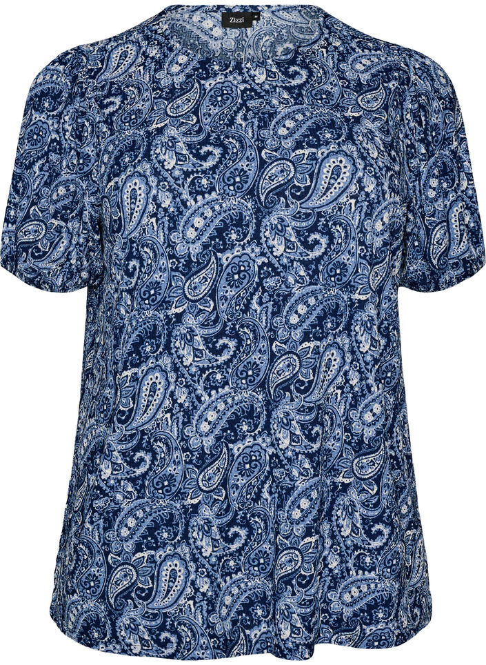 Patterned blouse with short sleeves, Blue, Packshot image number 0