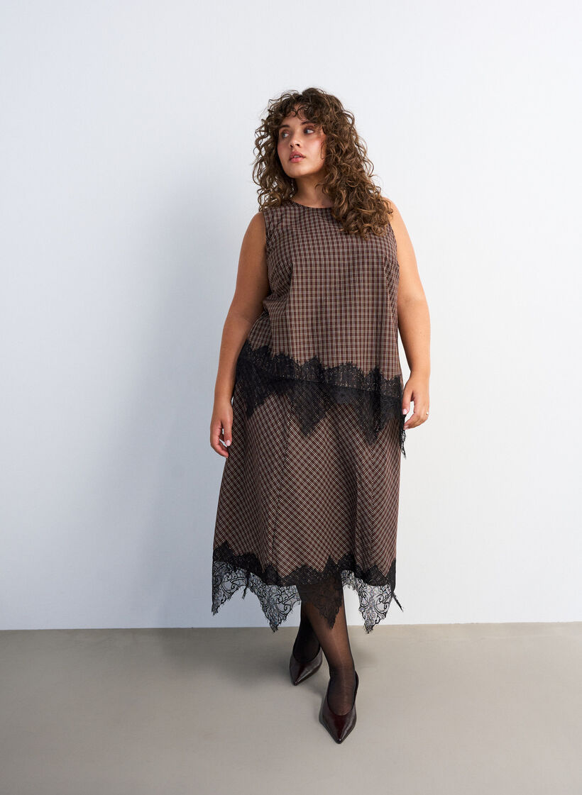 Midi skirt with lace trim and check pattern, Brown, Model image number 0