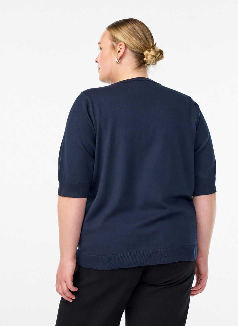Fine-knit blouse with short sleeves, Blue, Model image number 2