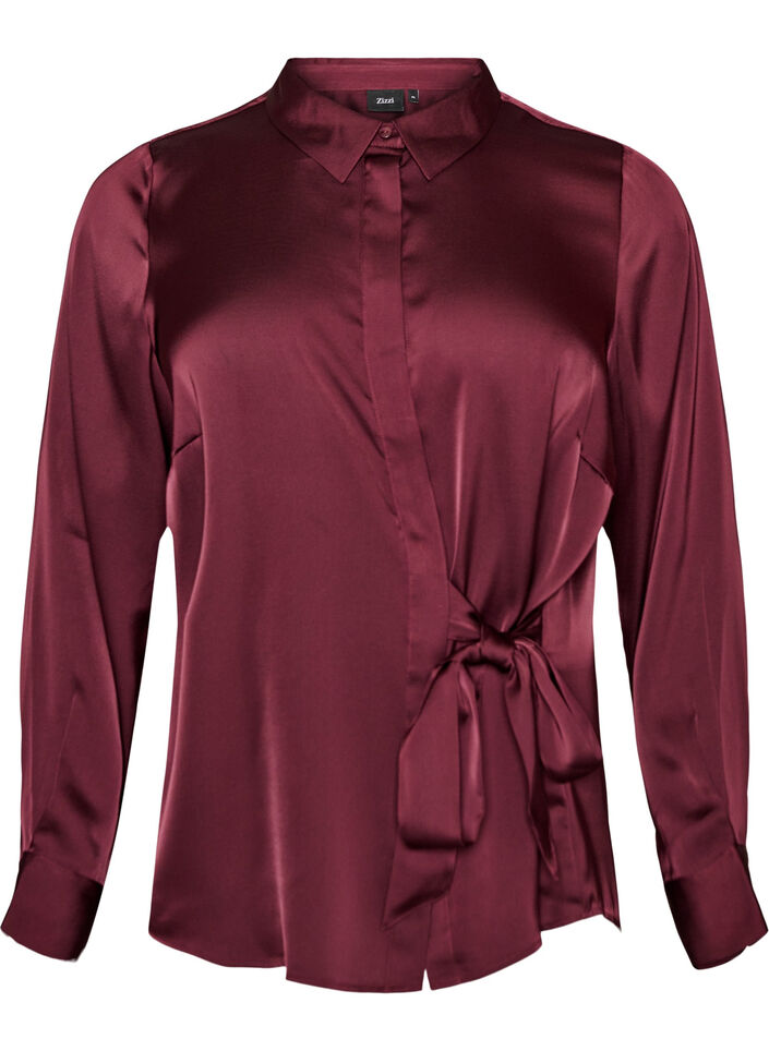 Shirt with a satin look and wrap effect, Red, Packshot image number 0
