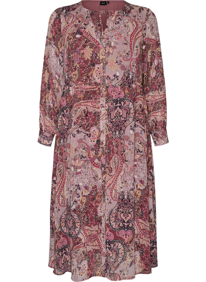 Midi dress with paisley print and elastic waist, Purple, Packshot image number 0