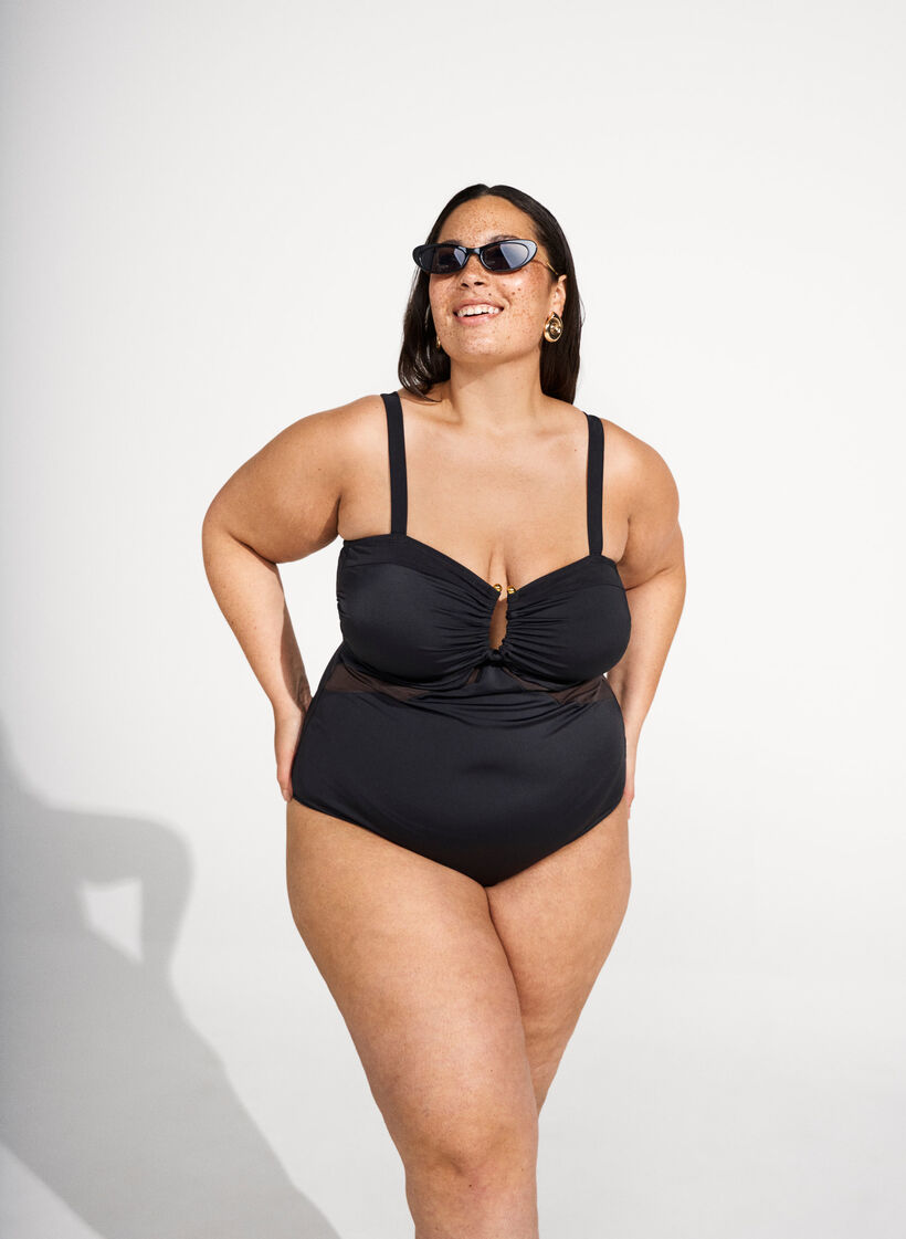 Swimsuit with V-detail and ruching, Black, Image image number 0