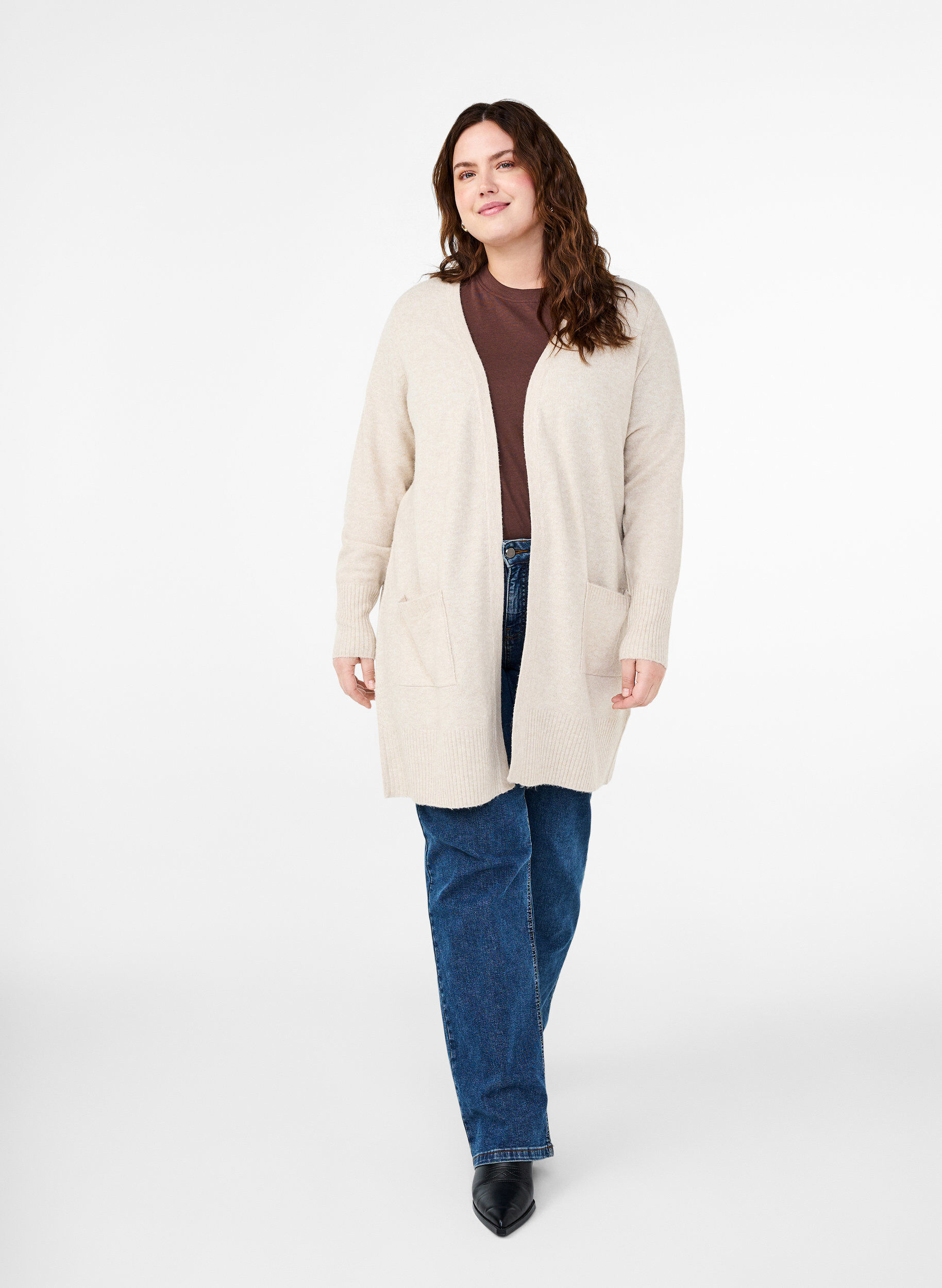 ZizzifashionRibbed Knit Cardigan with Pockets, Beige, Model image number 1