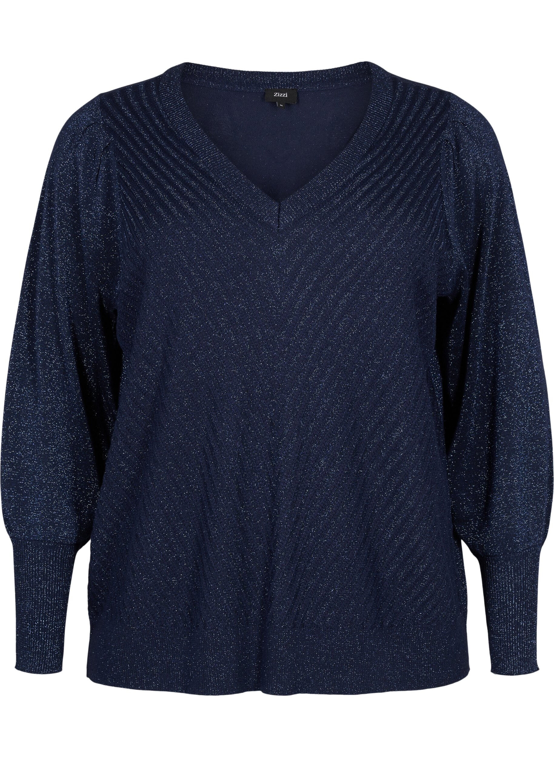 Zizzifashion Knitted blouse with shimmer and V-neck, Naval A.w.Blue Lurex, Packshot image number 0