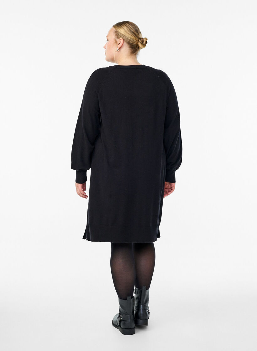 Short knitted dress with raglan sleeves and a centre seam, Black, Model image number 2