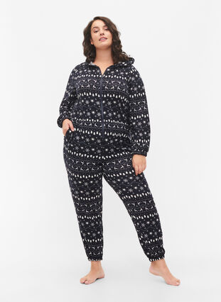 Christmas jumpsuit with hood, Night Sky/White AOP, Model image number 3