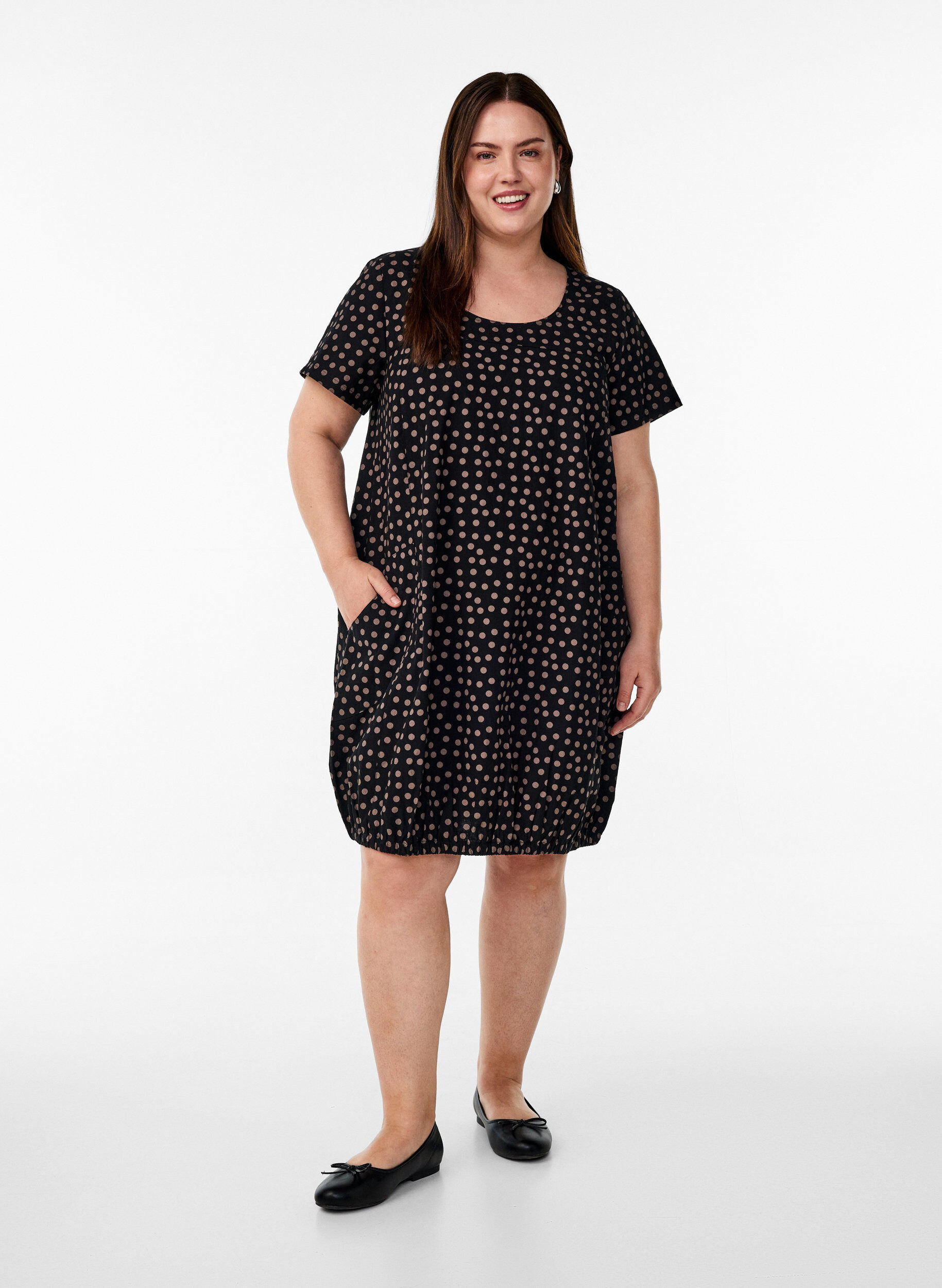 ZizzifashionShort-sleeved cotton dress with print, Brown, Model image number 1
