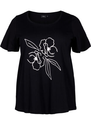 Cotton T-shirt with a motif, Black w. Flower, Packshot image number 0