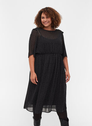 Printed midi dress with 2/4-length sleeves and ruffled details, Black AOP, Model image number 0