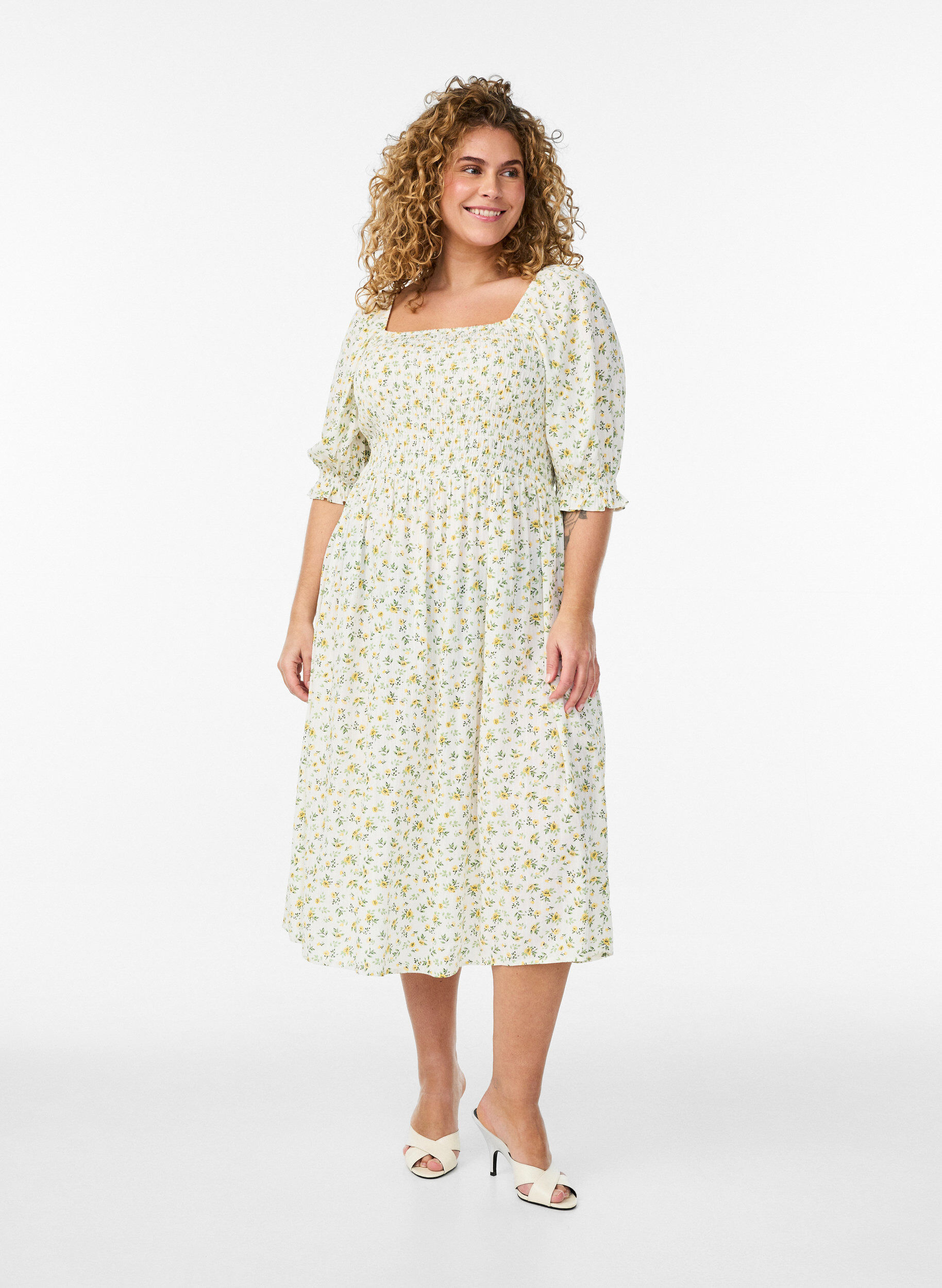Floral viscose summer dress, White, Model