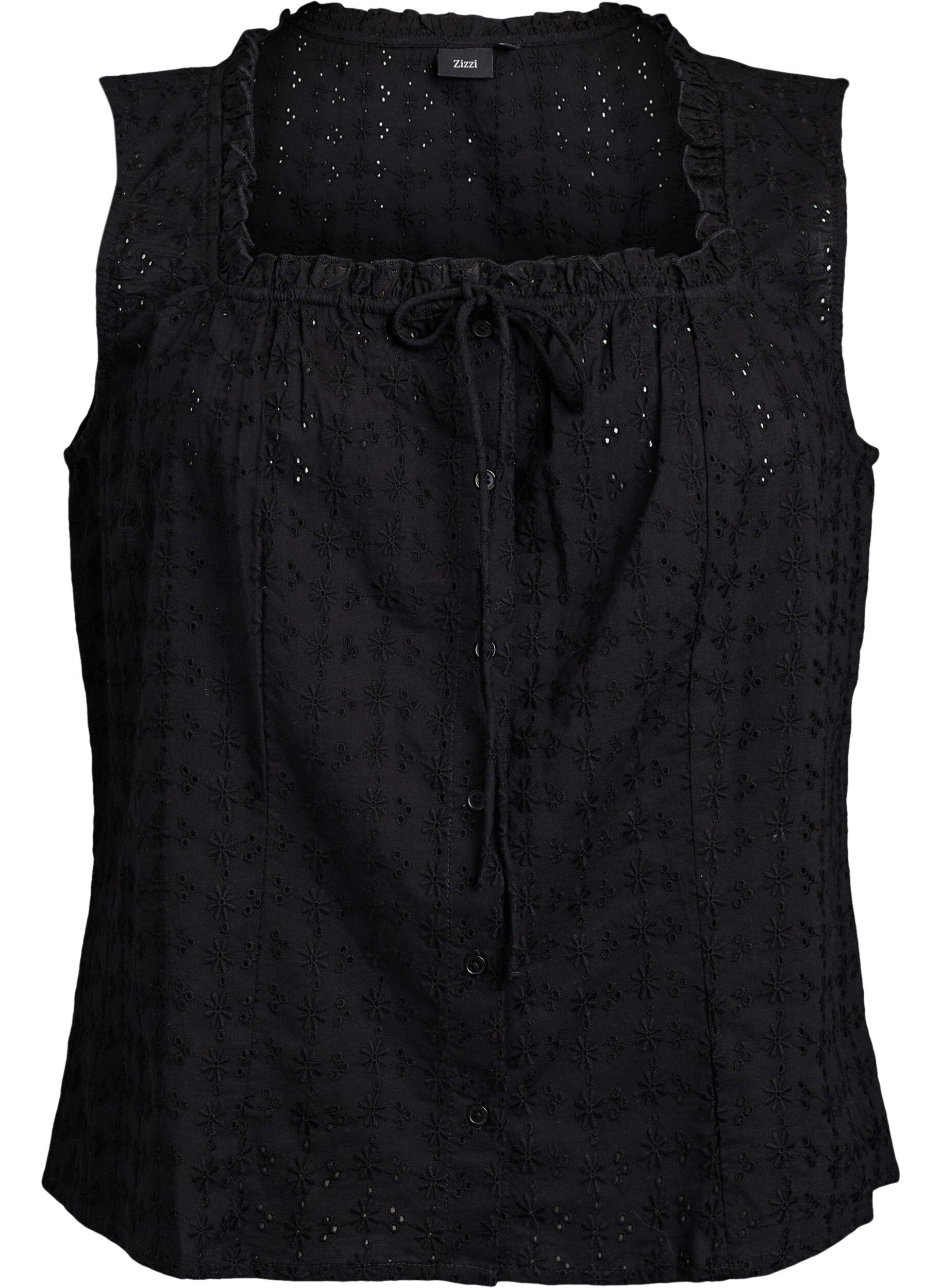 Zizzifashion Sleeveless blouse with broderie anglaise and ruffles, Black, Packshot image number 0