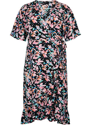 Printed wrap dress with short sleeves , Multi Flower AOP, Packshot image number 0