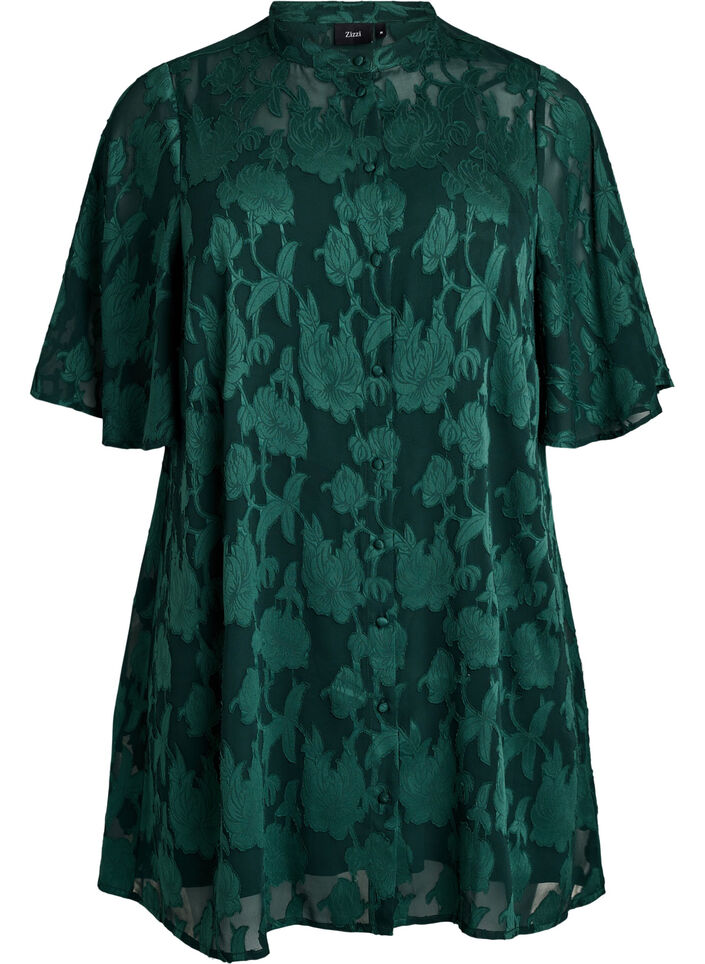 Short A-line dress with a floral print, Green, Packshot image number 0