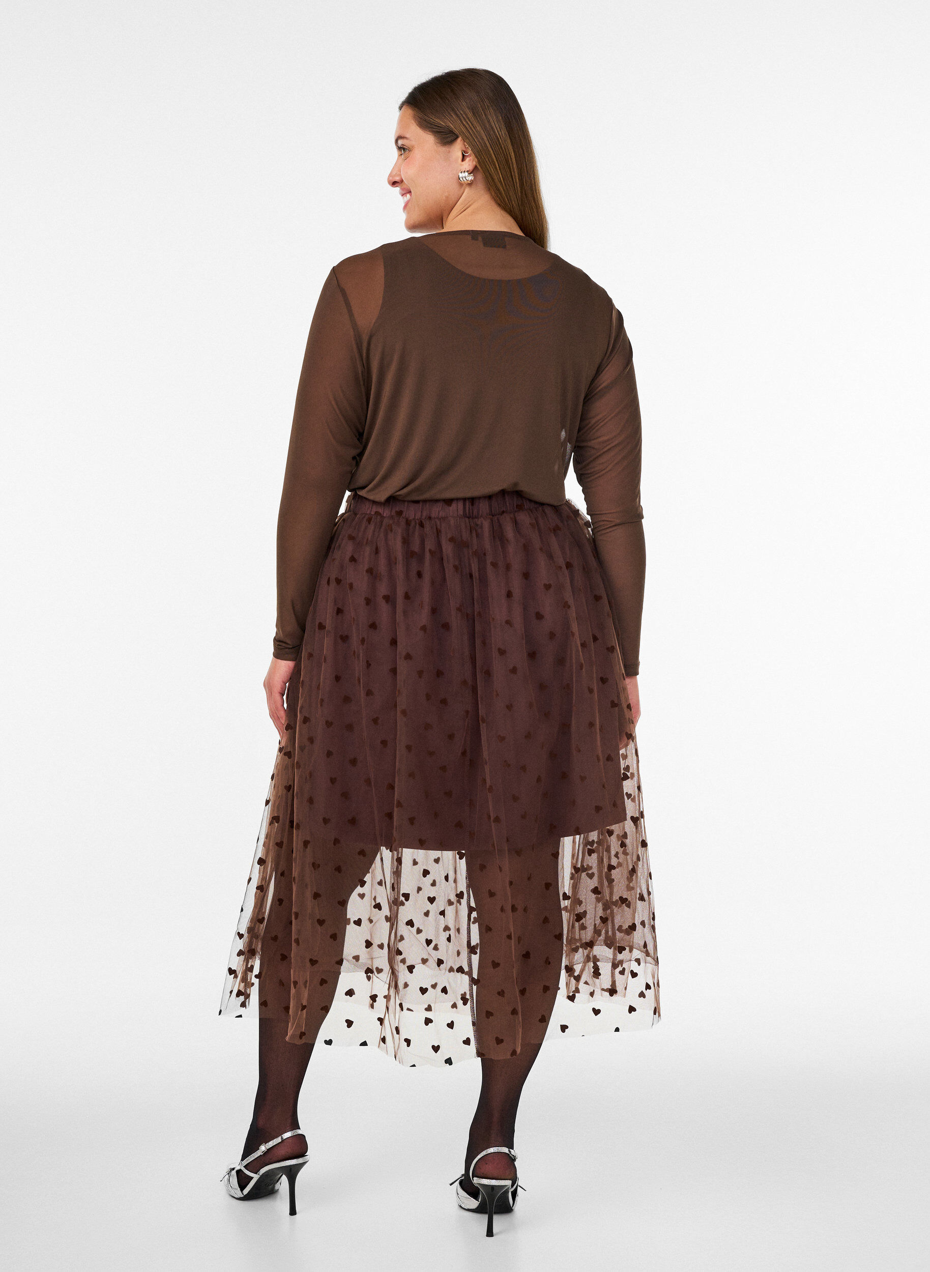 ZizzifashionMidi tulle skirt with hearts, Brown, Model image number 2
