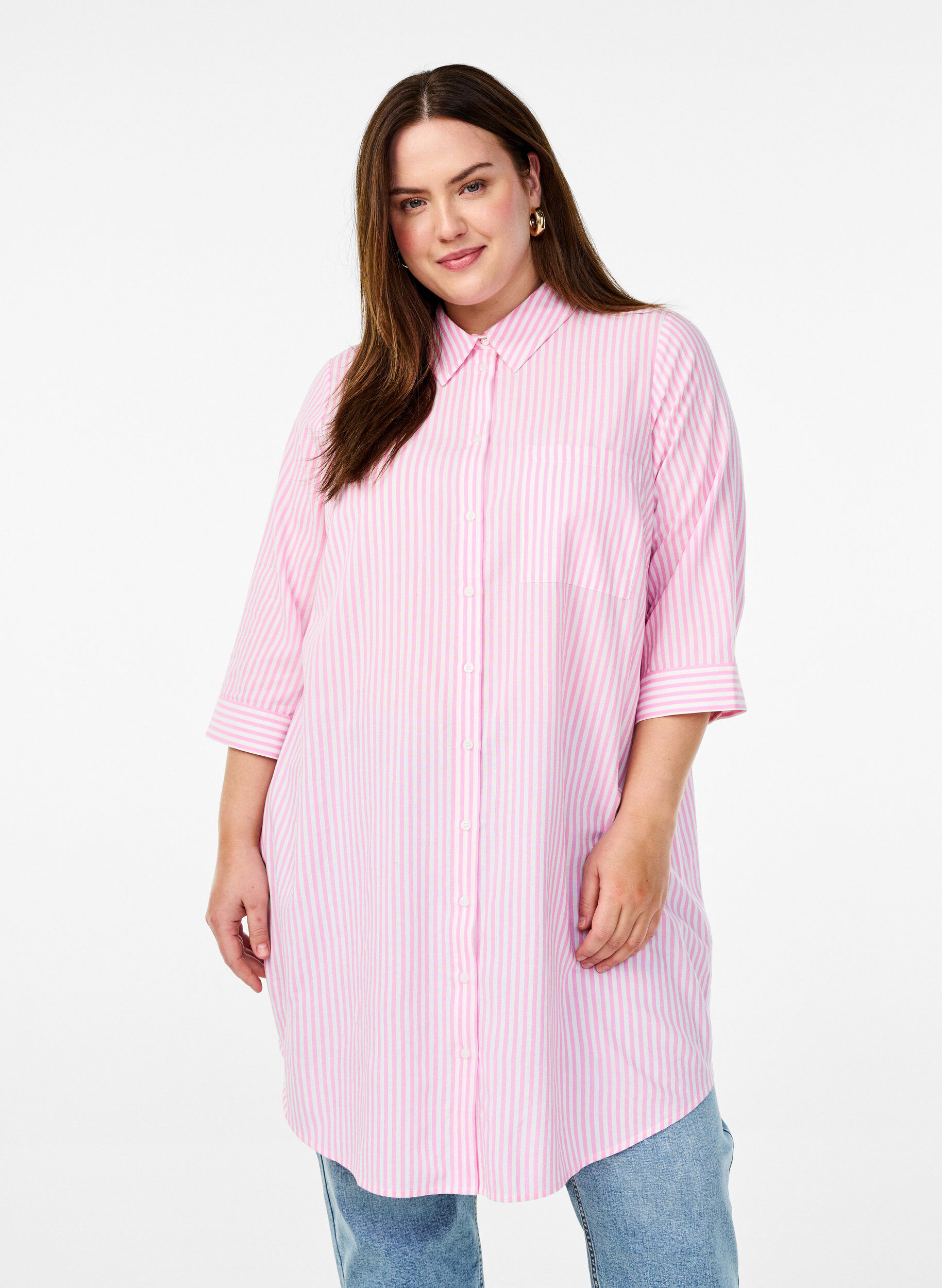Zizzifashion Long striped shirt with 3/4 sleeves, Pink, Model image number 0
