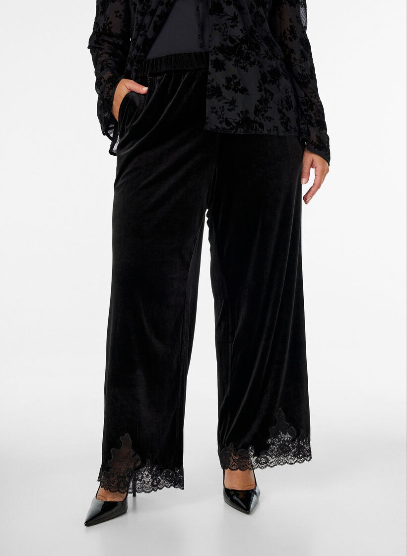 Velvet trousers with lace trim and wide legs, Black, Model image number 0