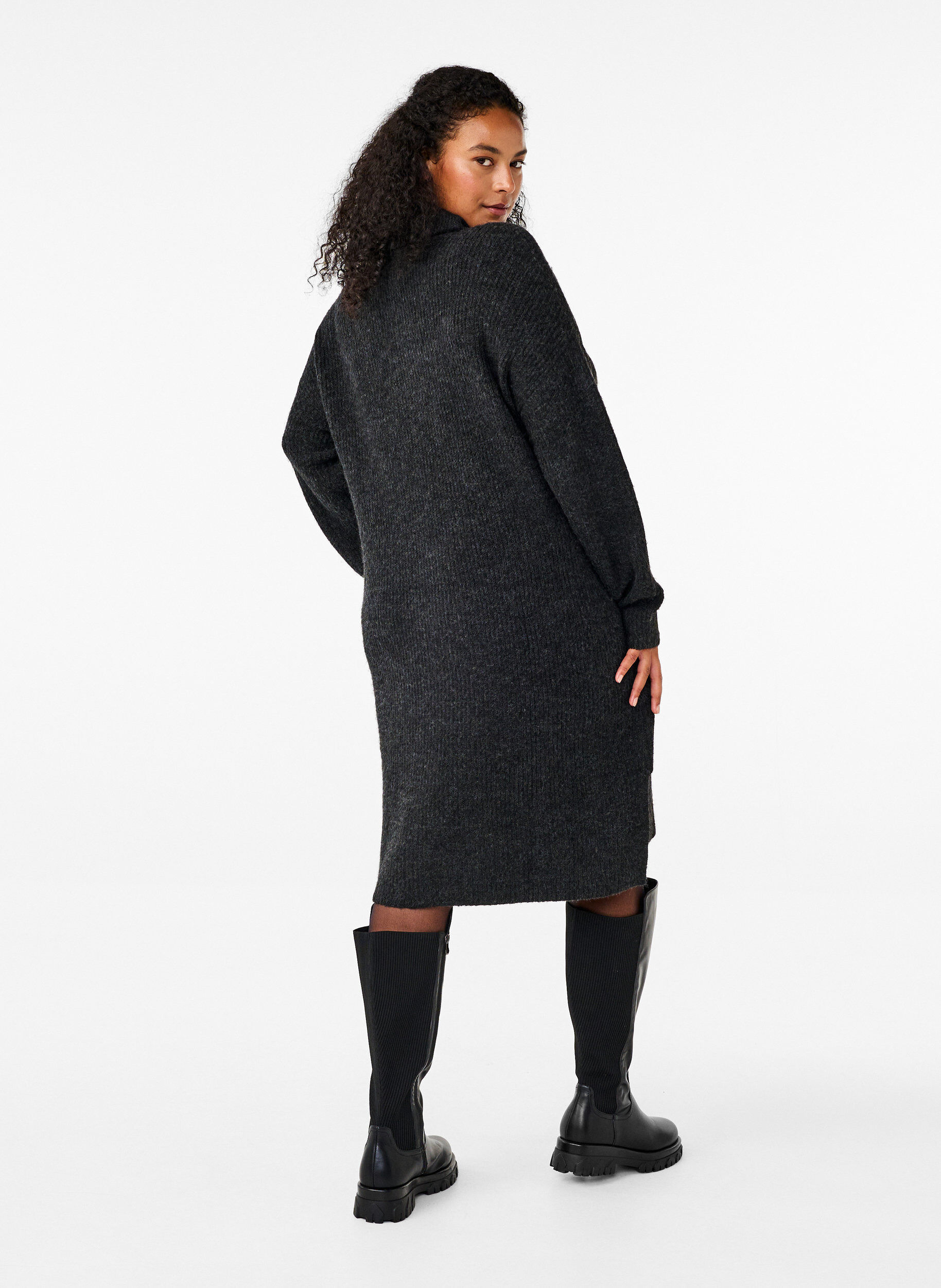 Zizzifashion FLASH - Knitted dress with turtleneck, Dark Grey, Model image number 2