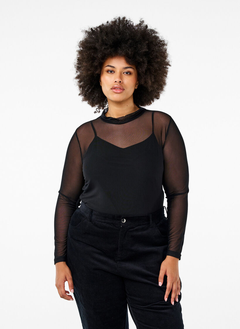 Fitted mesh blouse with long sleeves, Black, Model image number 0