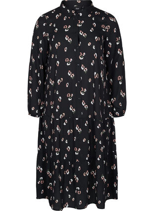 Long-sleeved midi dress with print, Black w. Flower, Packshot image number 0