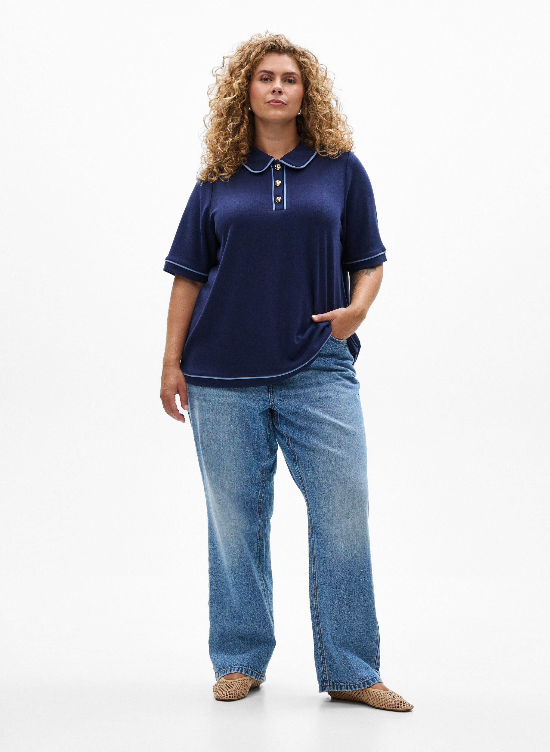 Zizzifashion Jersey polo shirt with contrast trims, Blue, Model image number 1