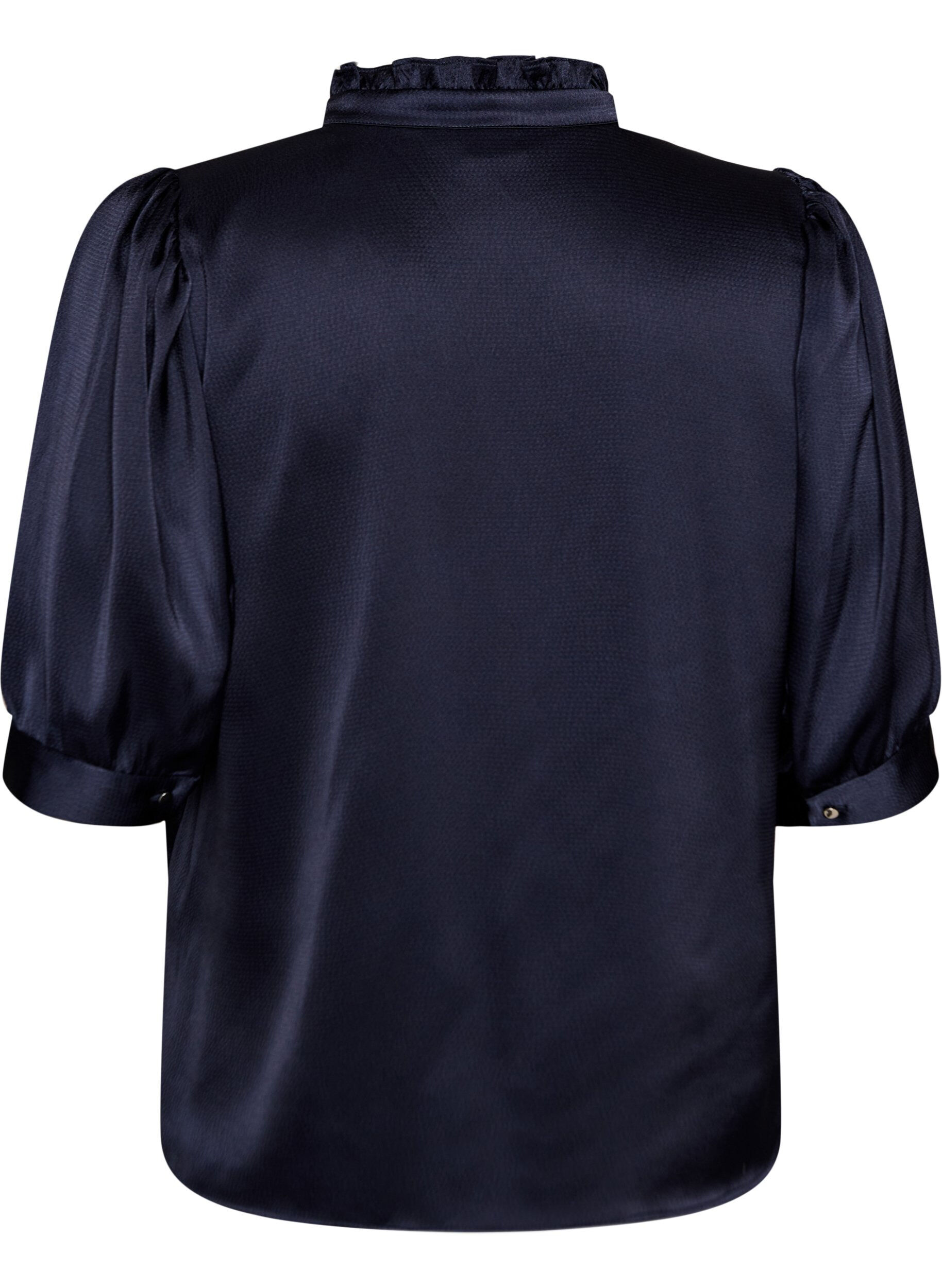 Zizzifashion Satin-look blouse with 1/2 sleeves and a ruffle collar, Blue, Packshot image number 1