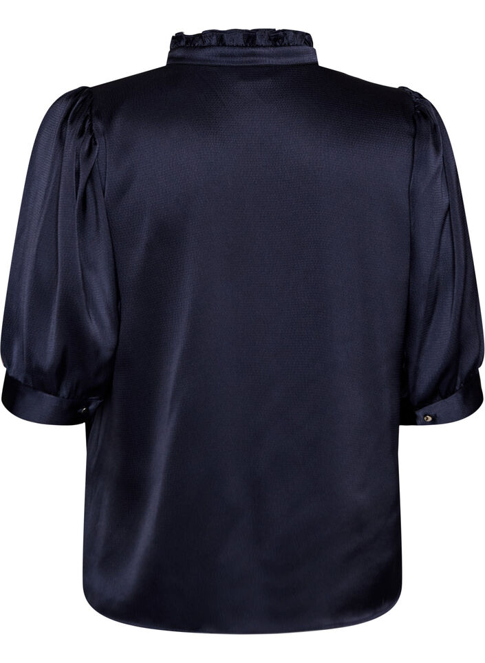 Satin-look blouse with 1/2 sleeves and a ruffle collar, Blue, Packshot image number 1