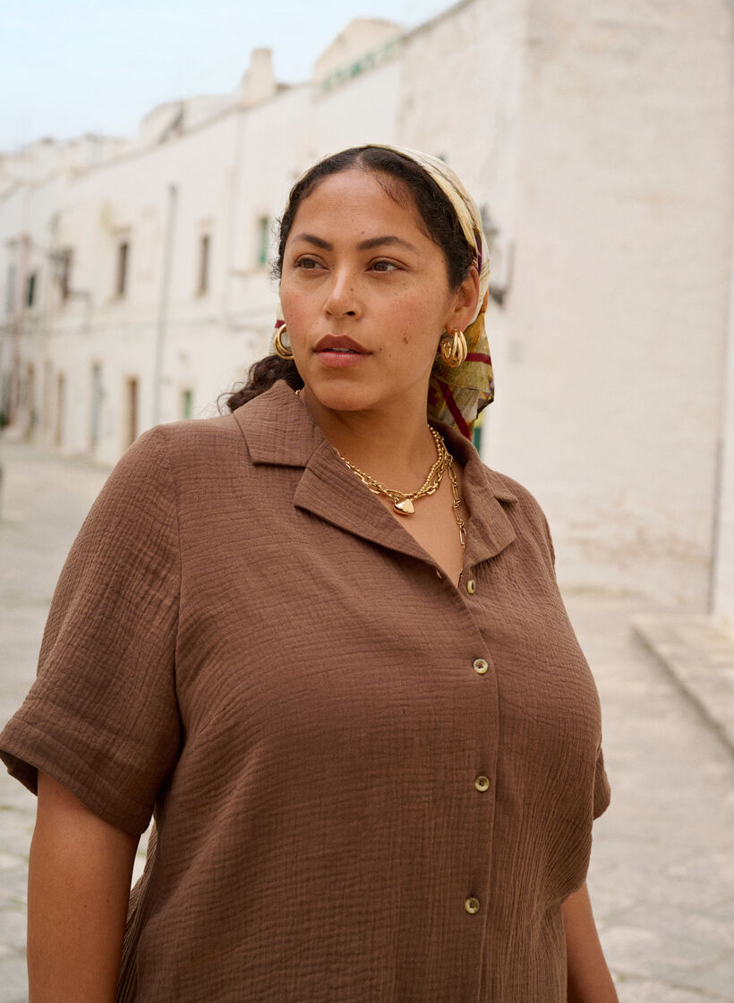 Short-sleeved shirt in cotton muslin, Brown, Image image number 0