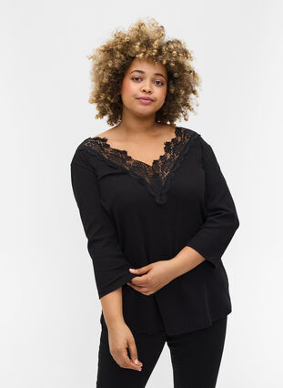 Blouse with 3/4 sleeves and lace details, Black, Model image number 0