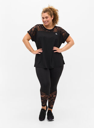 Cropped leggings with patterned mesh, Black, Model image number 0